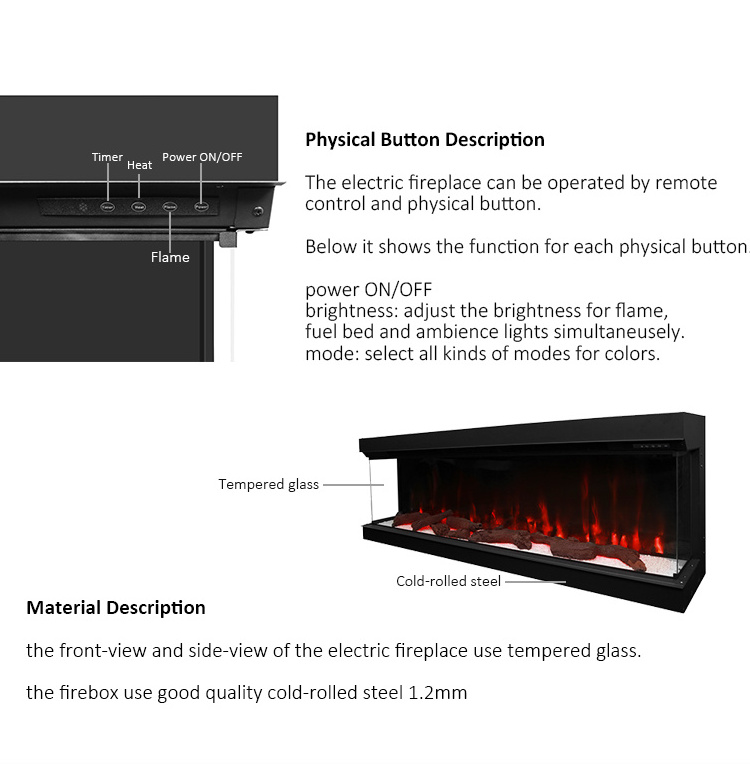 High quality custom artificial flame tempered glass recessed or freestanding 3 sided glass electric fireplace