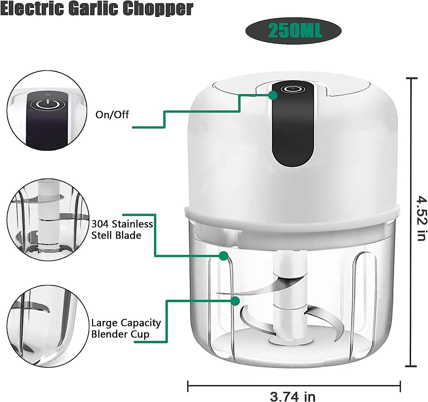 Electric Mini Garlic Chopper 250ml USB Rechargeable Portable Electric Food Chopper Wireless Small Food Processor for Chopping