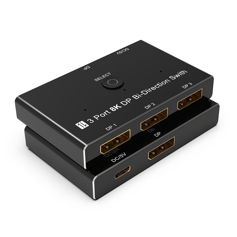 Switcher Bi-Direction 8K@30Hz 4K@120Hz Splitter Converter 3 Port DisplayPort 8K DP 1.4 Switch for Multiple Source and display