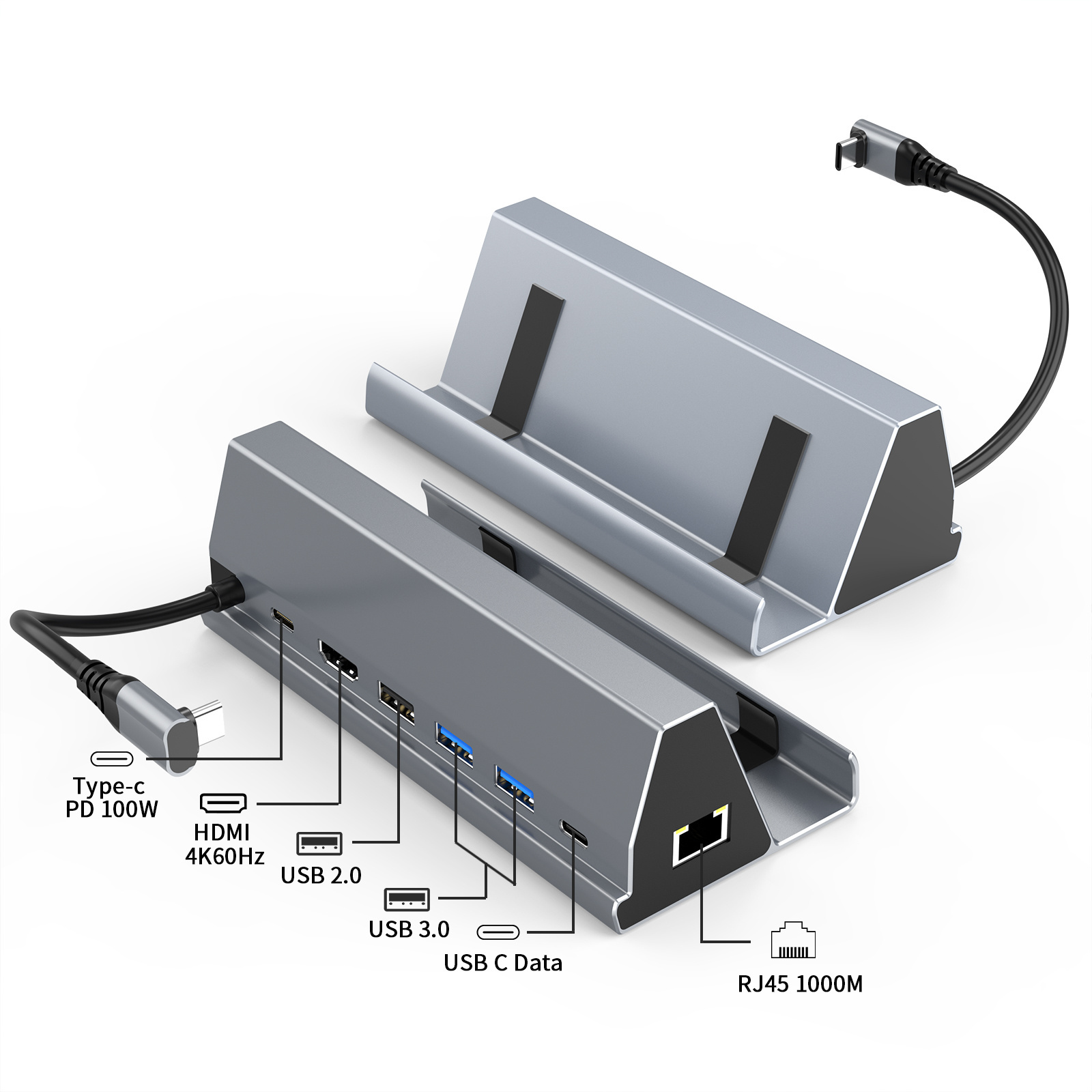 7 in 1 90 Degrees Type C Multi-Function Rack USB HUB Supports PD 100W HDMI 4K RJ45 1000M laptop tablet stand Docking Station