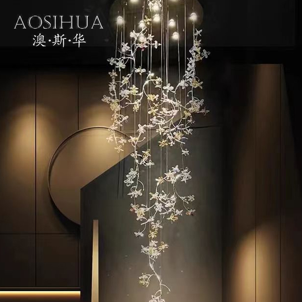 2024 Rotating Staircase Light Stainless Steel Chassis Crystal Flower Round Ceiling Lamp Romantic Chandelier