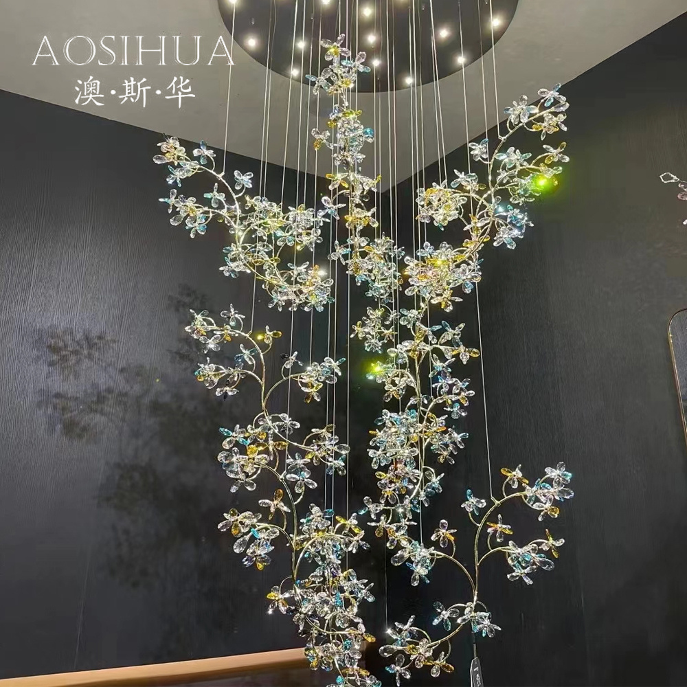 2024 Rotating Staircase Light Stainless Steel Chassis Crystal Flower Round Ceiling Lamp Romantic Chandelier