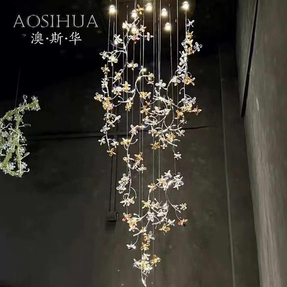 2024 Rotating Staircase Light Stainless Steel Chassis Crystal Flower Round Ceiling Lamp Romantic Chandelier