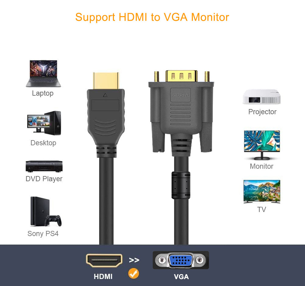 Gold Plated vga to hdmi cable PC Computer Monitor Extension hdmi to vga converter cable hdmi to vga cable