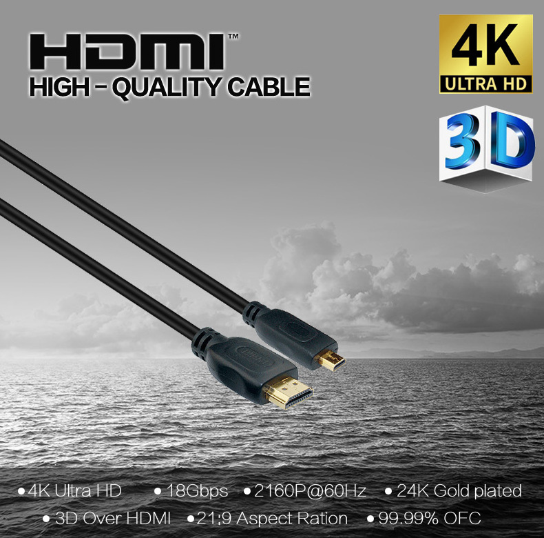 High Speed 2.0 Hdmi Cable oem 24k gold plated micro hdmi adapter Type D to Type A Micro HDMI Cable 4k 60Hz for hdtv