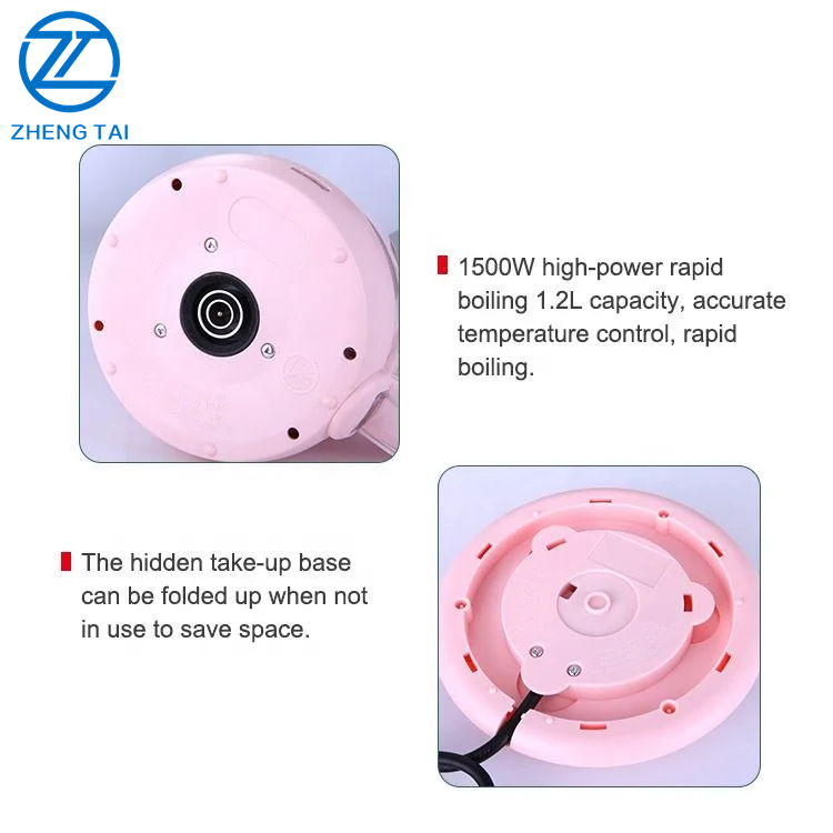 Electric kettle 1.2L, pink crystal lid for dry protection and anti scalding electric kettle