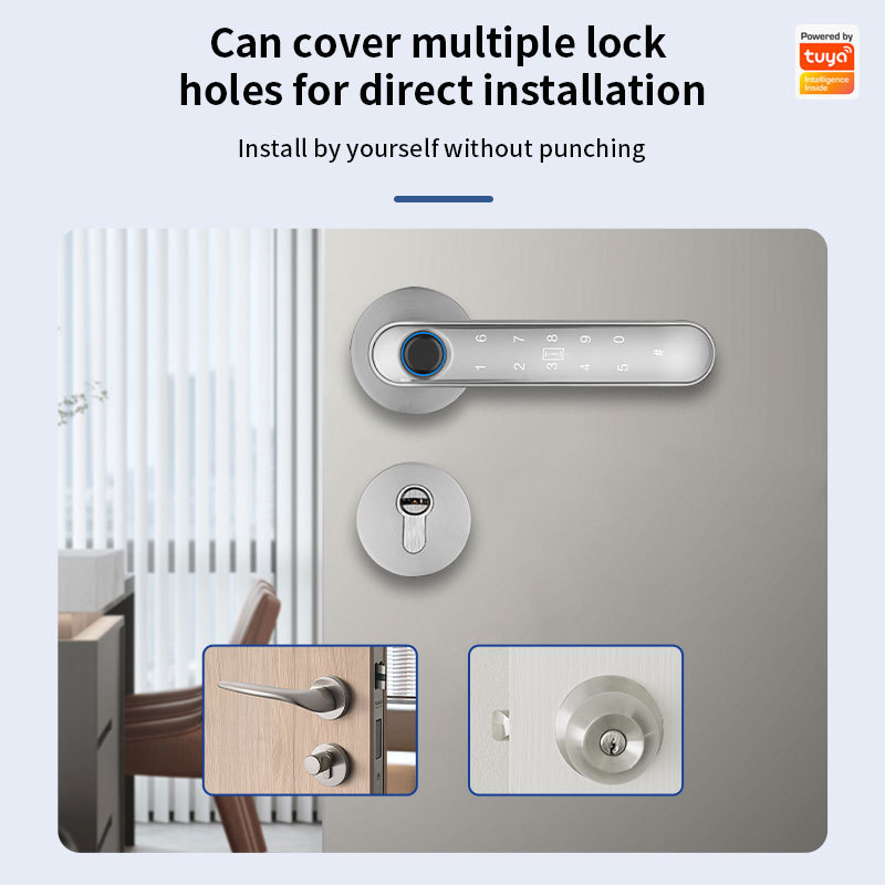 Tuya Bluetooth lock Double tongue high quality waterproof silver wooden door fingerprint lock cheap price smart door lock