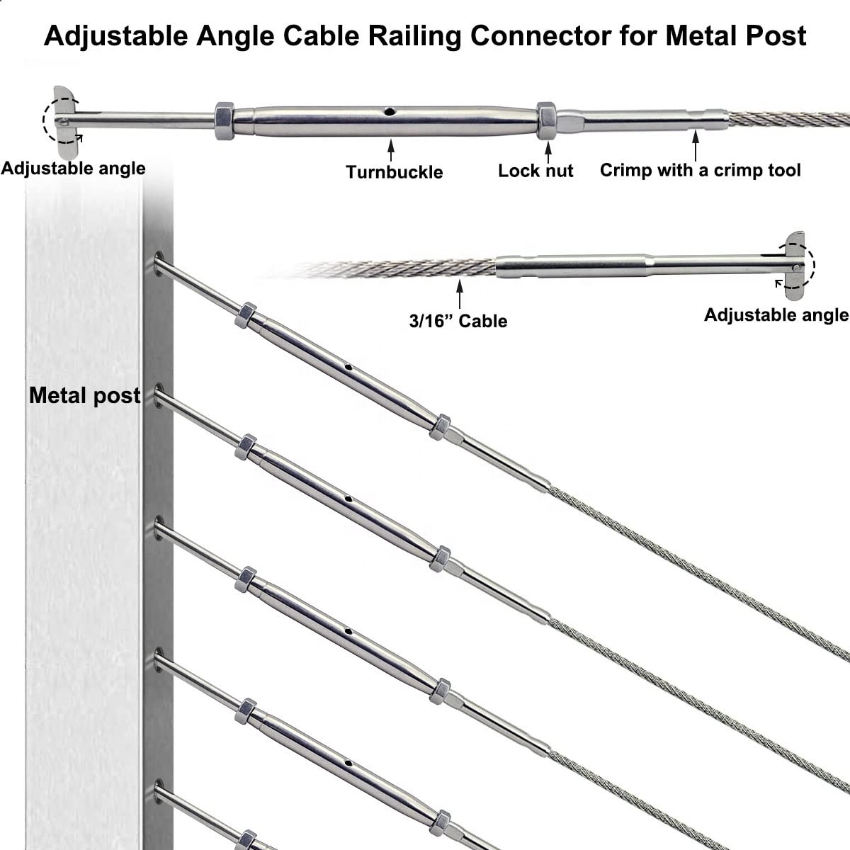 Black Finish Inox Stainless Steel 316 Adjustable Angle Cable Railing Kit 1/8