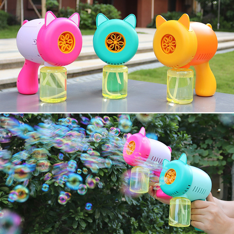 Hot selling outdoor bubble blowing toys 6 hole electric automatic bubble gun no side leakage blower toy for kid