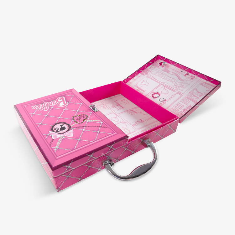 Luxury Cardboard Dual Pink Doll Suitcase Packaging Gift Box With Metal Buckle Handle