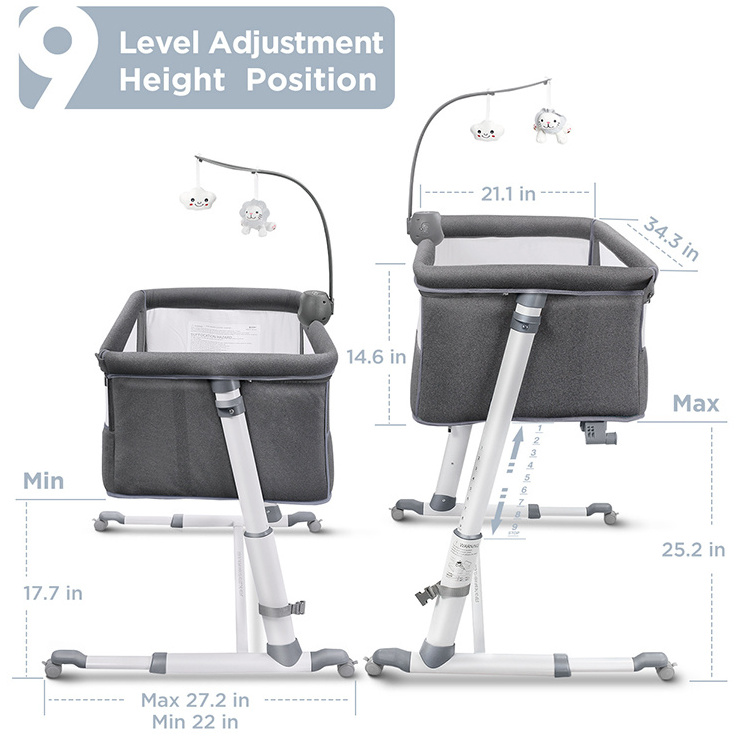 Bassinet for Baby, Newborn Bedside Bassinets with Wheel, Infant & Toddler Beds with Crib Mobile