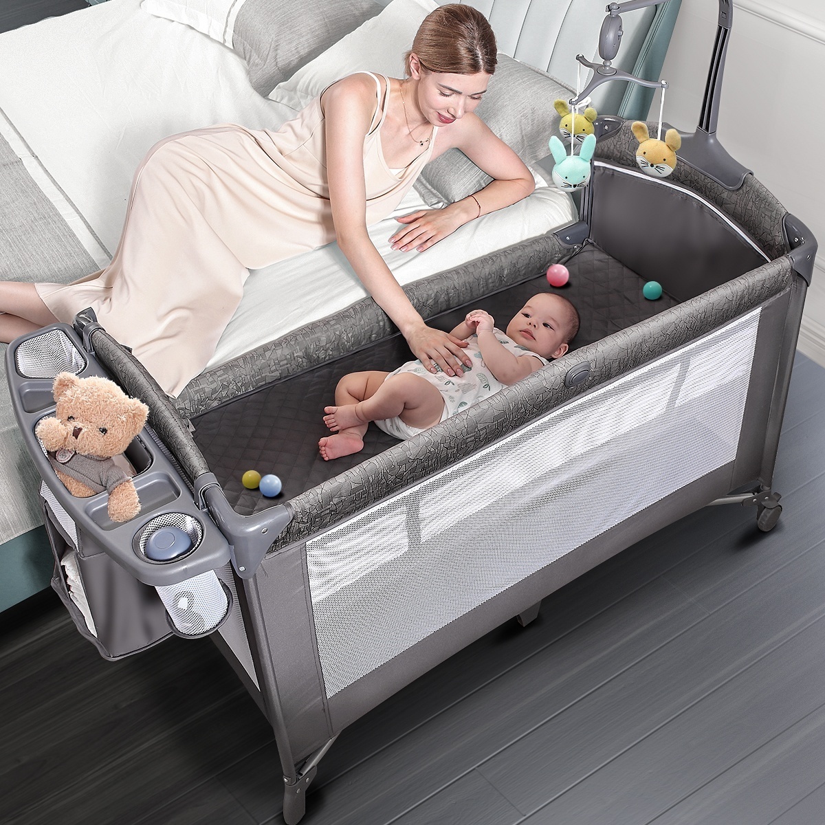 2023 Cheap Easy Carrying baby Crib, Modern Adult Size portable playard plastic Baby Cot Set Adjustable Travel Bedding Crib