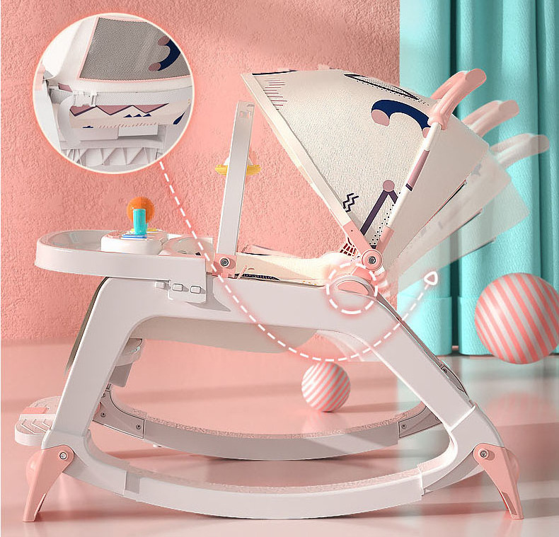 Easy to install baby rocking chair / adjustable and removable baby dining chair / baby toy shelf with mosquito net and wheel