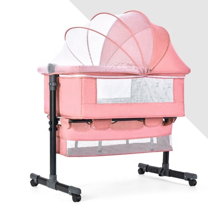 multifunctional metal frame fabric cover crib with wheels folding bed crib with storage portable baby playpen 0-2 years