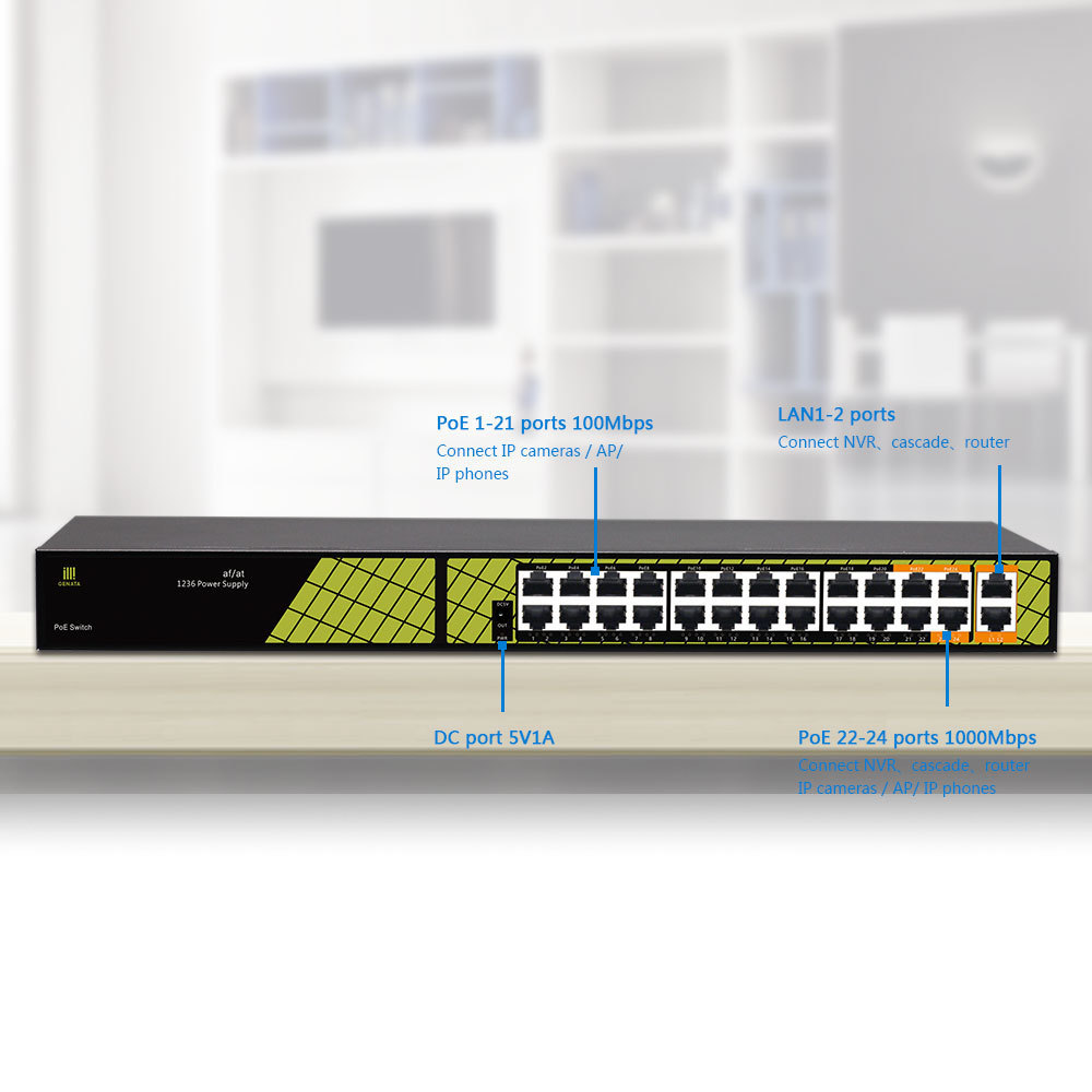 48V PoE switch 802.3af/at 24 ports cctv poe switch power configuration for video surveillance