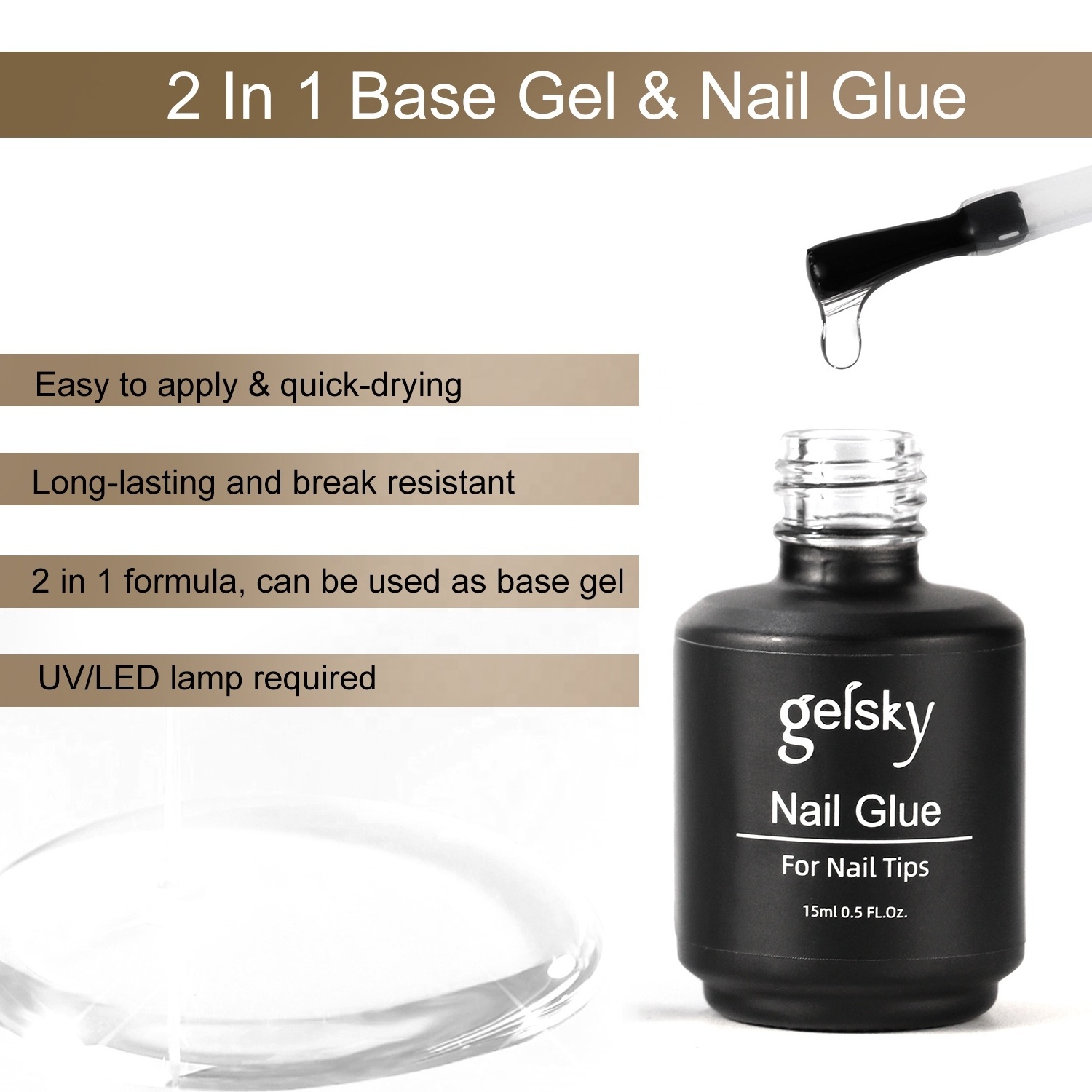 Gelsky Custom 15ml Round Bottle Gel Nail Glue Rubber Base Gel Solid Nail Tips Glue Gel