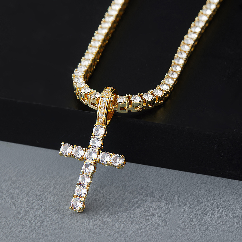 Hot Sell Bling Iced Out Silver Gold Fake Diamond Tennis Cross Necklace with Tennis Chains