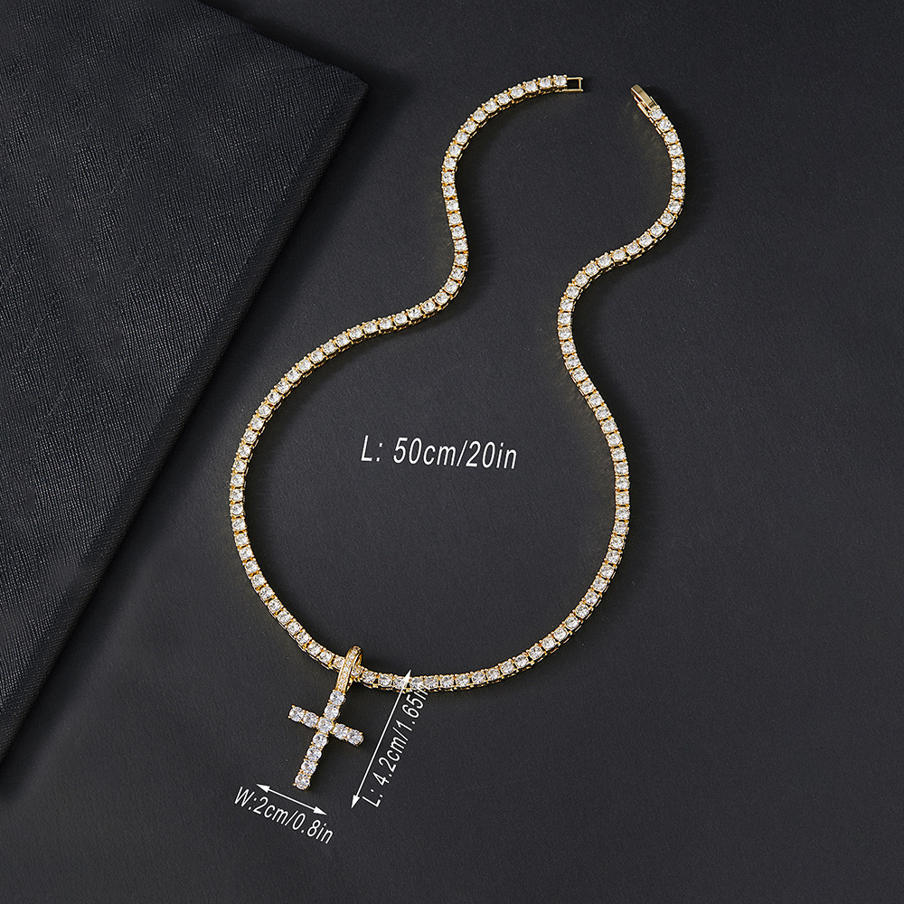 Hot Sell Bling Iced Out Silver Gold Fake Diamond Tennis Cross Necklace with Tennis Chains