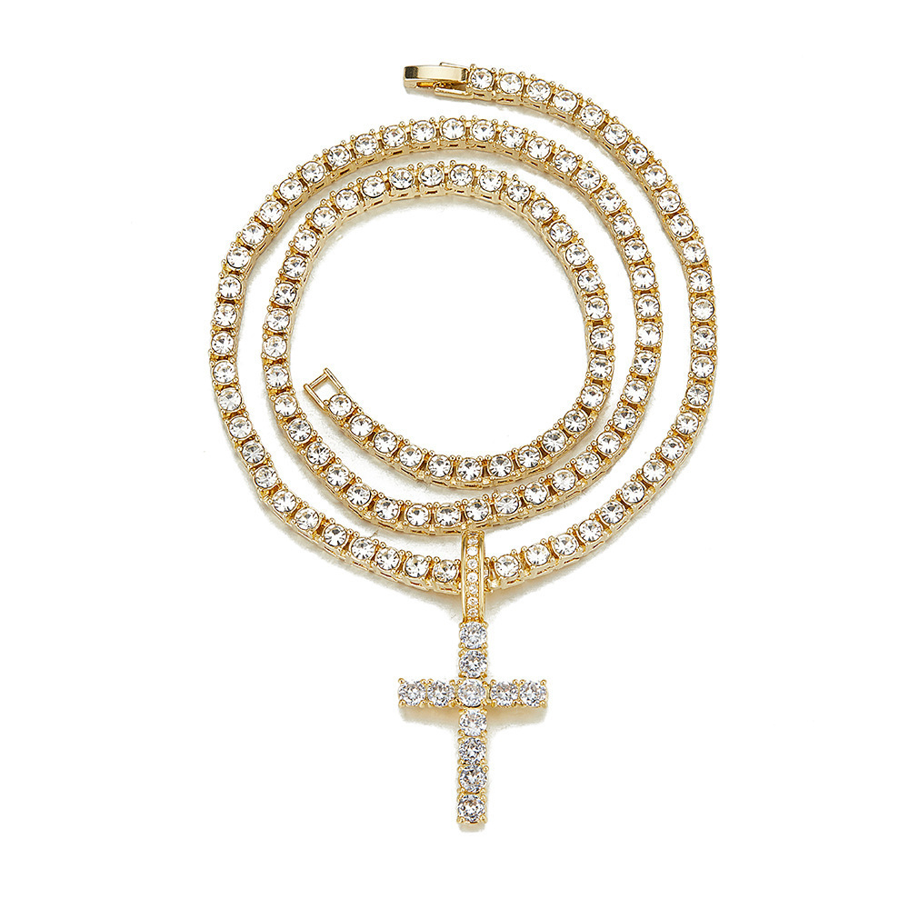 Hot Sell Bling Iced Out Silver Gold Fake Diamond Tennis Cross Necklace with Tennis Chains