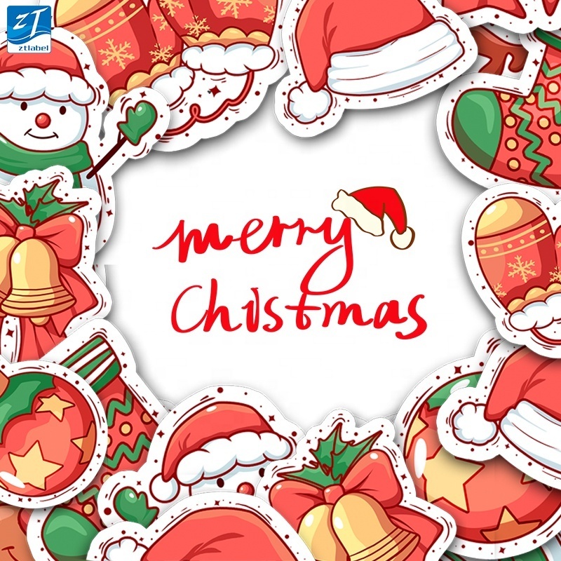 Custom Printing Adhesive Label Merry Christmas Decorative Sticker Sheet Kiss Cut Santa Claus Sticker Merry Christmas Stickers