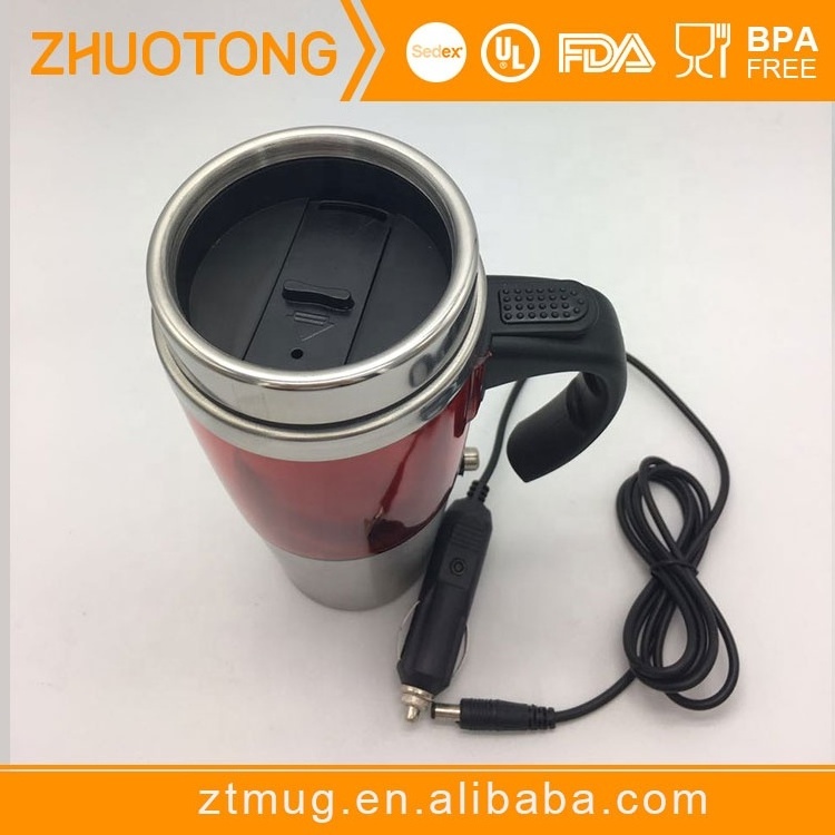 Double wall BPA free 12V heated thermo mug with heating plug for car and USB