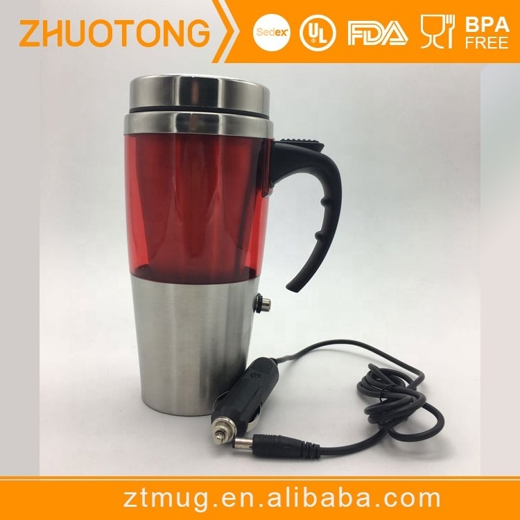 Double wall BPA free 12V heated thermo mug with heating plug for car and USB