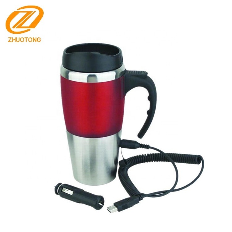 Double wall BPA free 12V heated thermo mug with heating plug for car and USB