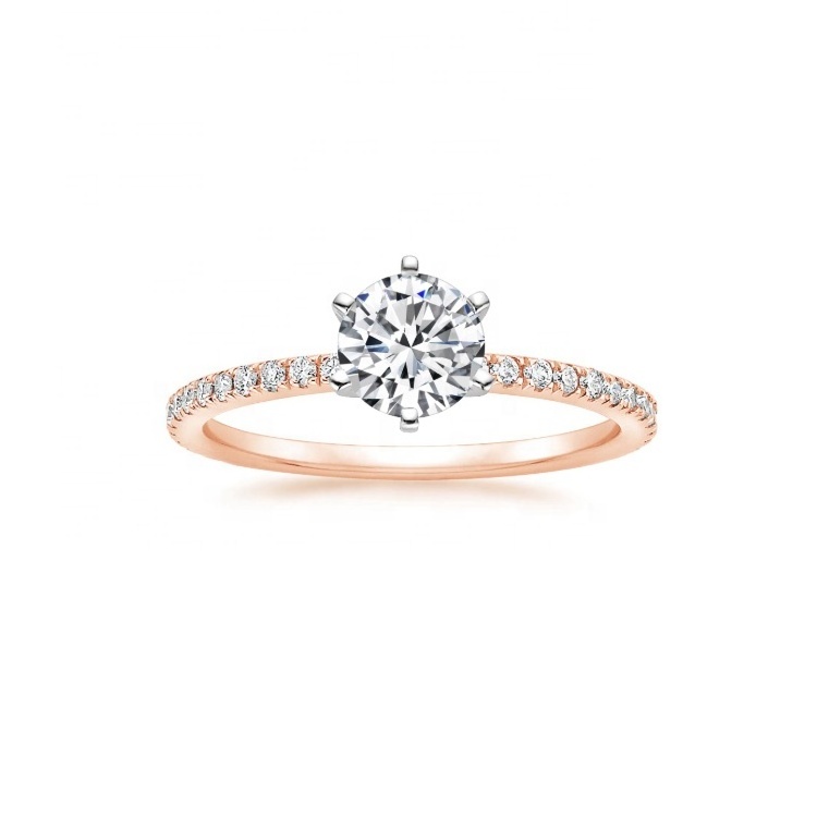 September SALE diamond ring 6 prong classic 0.5ct round side stone pave engagement ring in 14k white rose gold