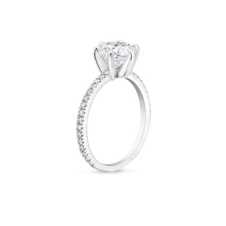 September SALE diamond ring 6 prong classic 0.5ct round side stone pave engagement ring in 14k white rose gold