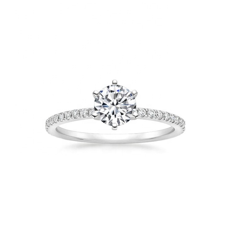 September SALE diamond ring 6 prong classic 0.5ct round side stone pave engagement ring in 14k white rose gold