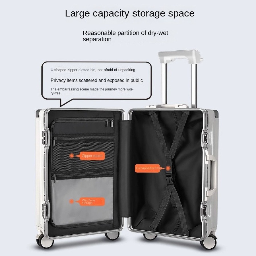 2024 Popular Luggage Front Open Pull Rod Aluminum Frame Large Capacity Usb Charging With Cup Holder Onboard Airline Luggage