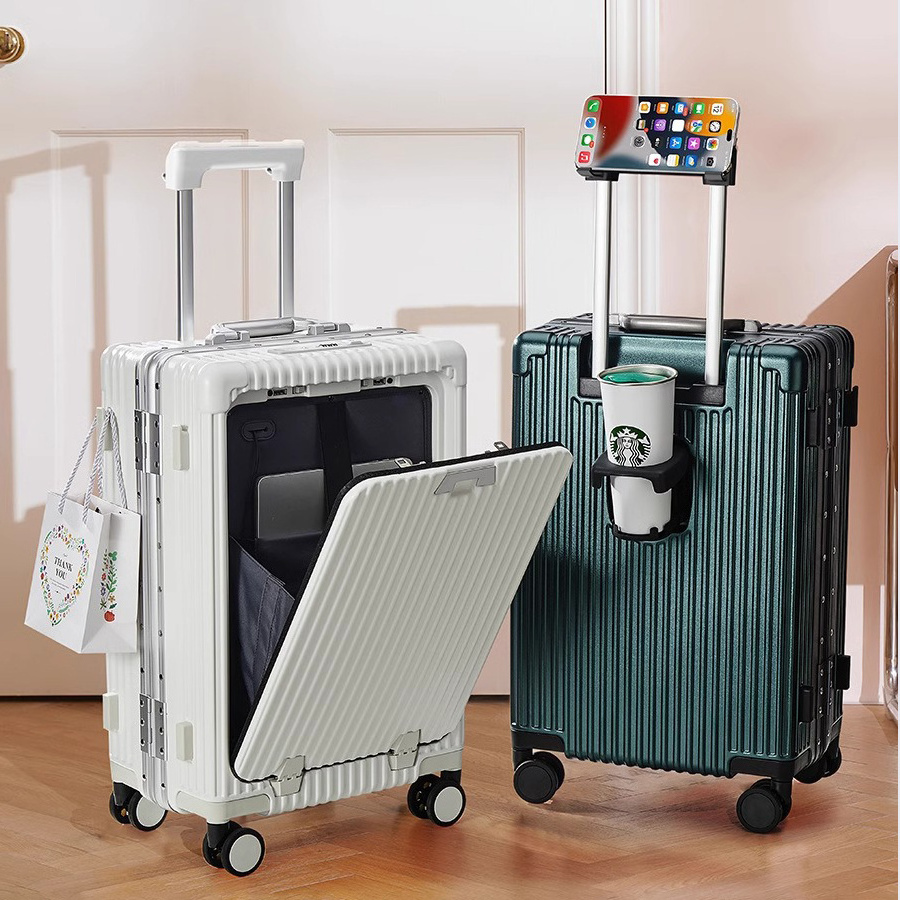 2024 Popular Luggage Front Open Pull Rod Aluminum Frame Large Capacity Usb Charging With Cup Holder Onboard Airline Luggage