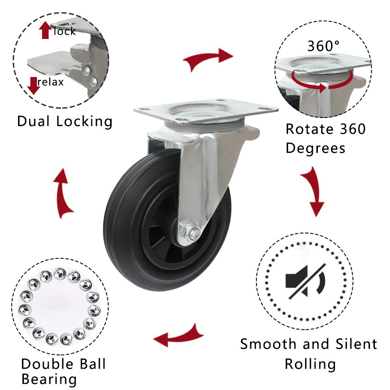 6 8 inch Rubber Stops Trolley Flat Free Top plate Industry Caster Wheel