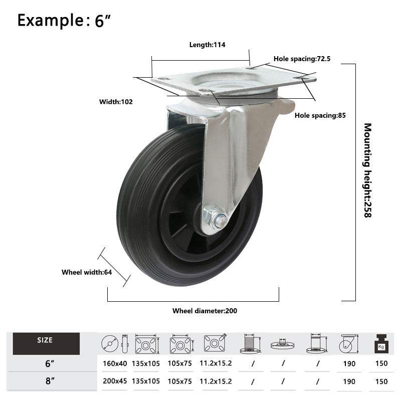 6 8 inch Rubber Stops Trolley Flat Free Top plate Industry Caster Wheel