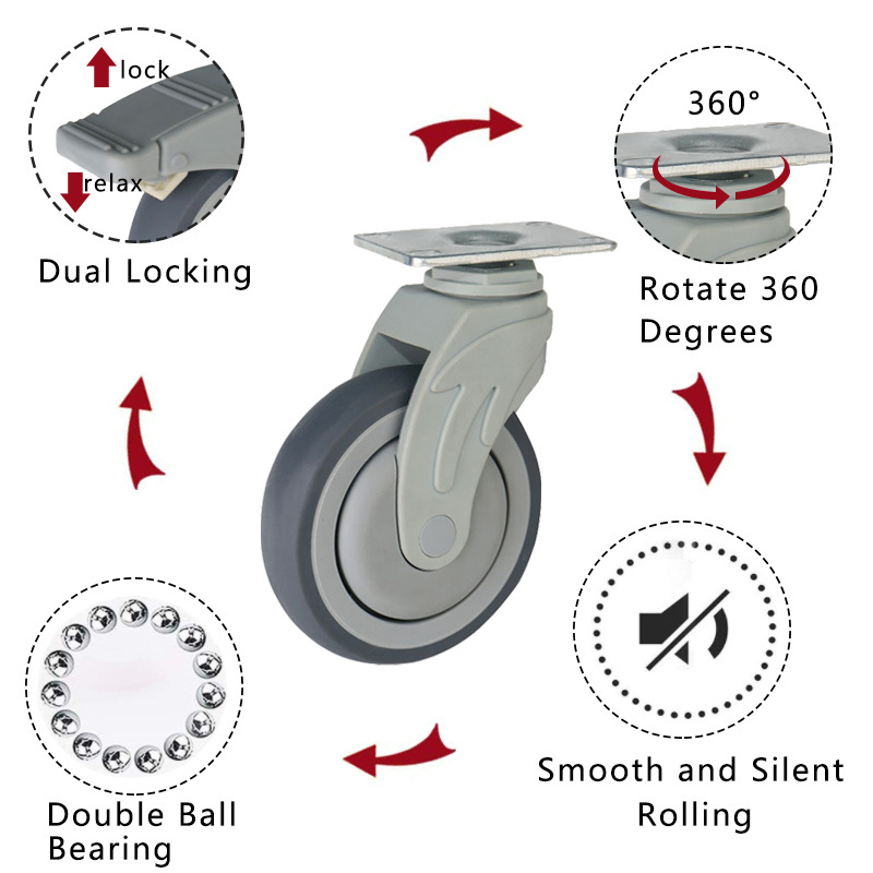 3' 4' 5' Inch Silent Nylon Wheel Ball Bearing Swivel Plate Total Brake Plastic Hospital Bed Medical Wheel Caster