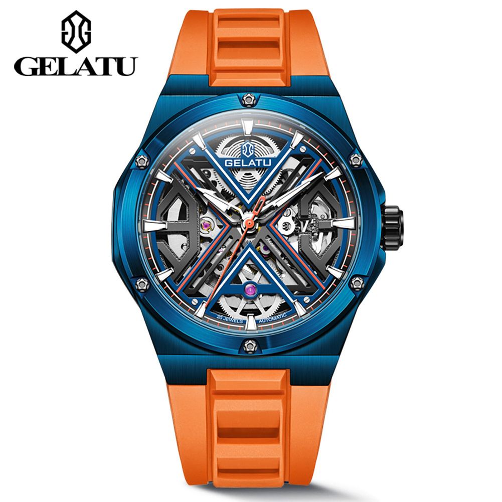 GELATU 6006 High Quality Wrist Hollow Out Watch Waterproof Rubber Strap Watches Automatic Men Mechanical Wrist Watch