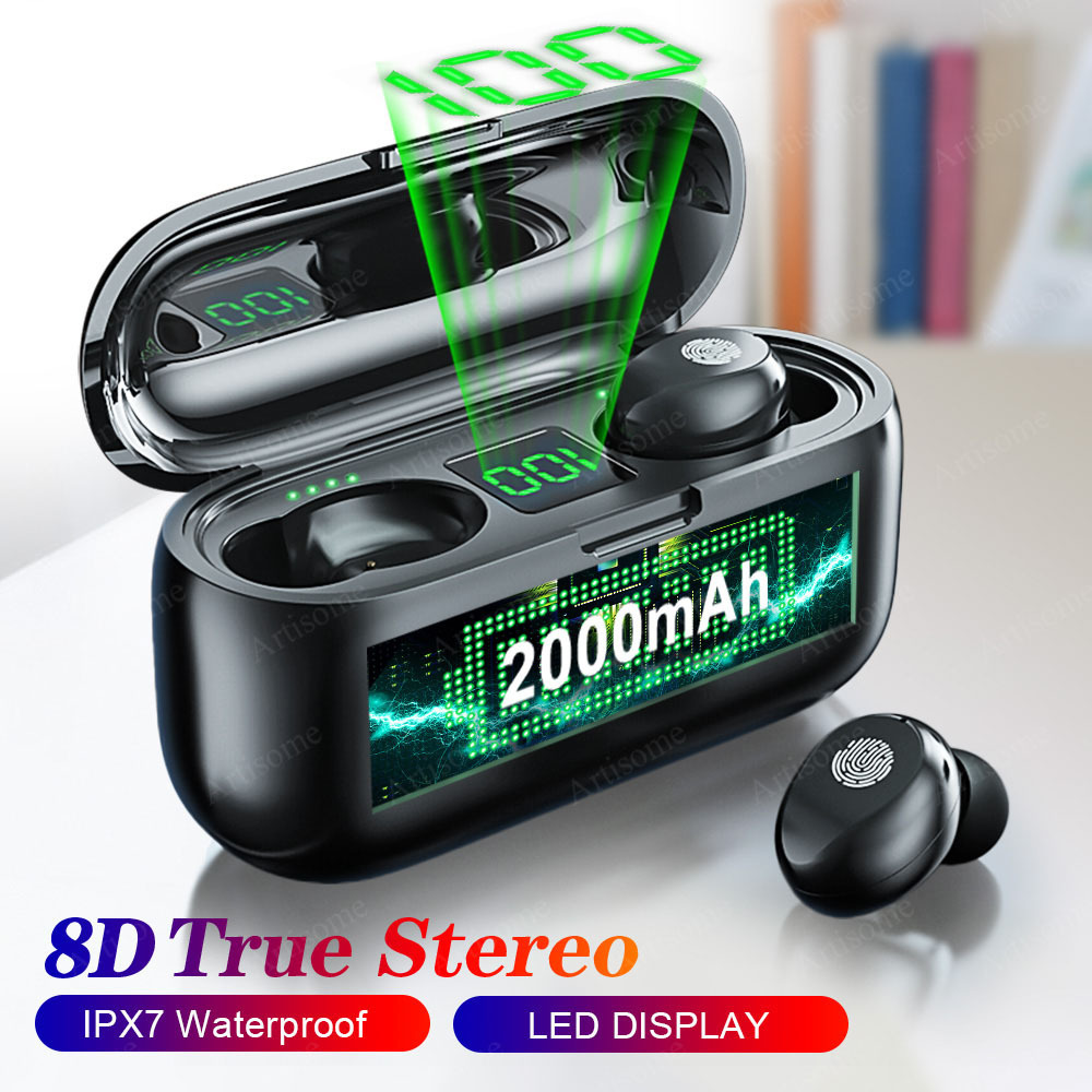 High quality tws wireless BT5.0 invisible earbuds F9 with 2000mah power bank headset