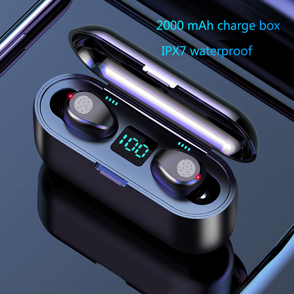 High quality tws wireless BT5.0 invisible earbuds F9 with 2000mah power bank headset