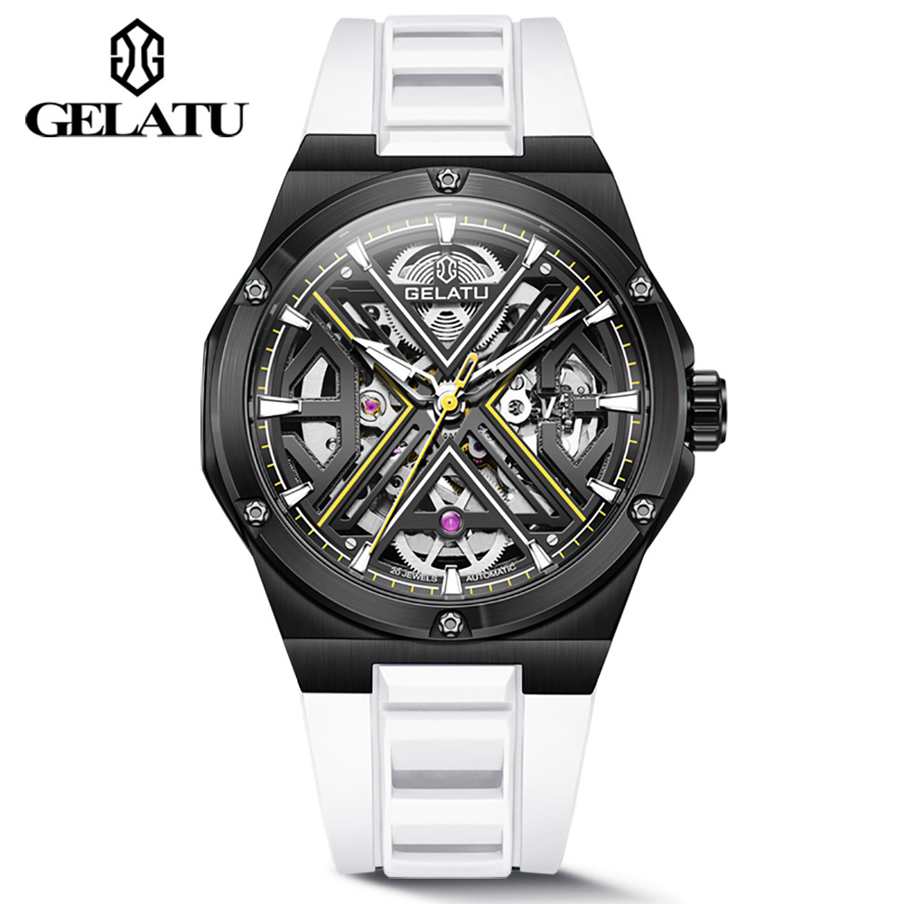 GELATU 6006 High Quality Wrist Hollow Out Watch Waterproof Rubber Strap Watches Automatic Men Mechanical Wrist Watch