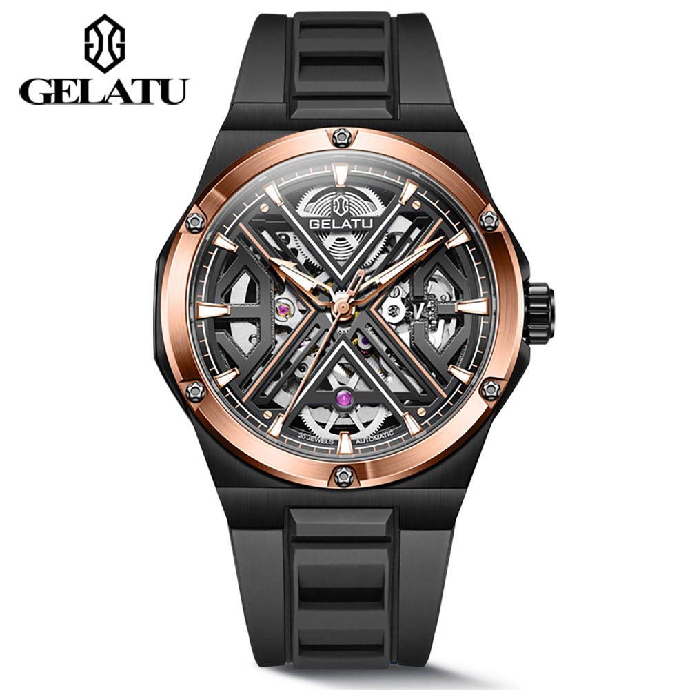 GELATU 6006 High Quality Wrist Hollow Out Watch Waterproof Rubber Strap Watches Automatic Men Mechanical Wrist Watch