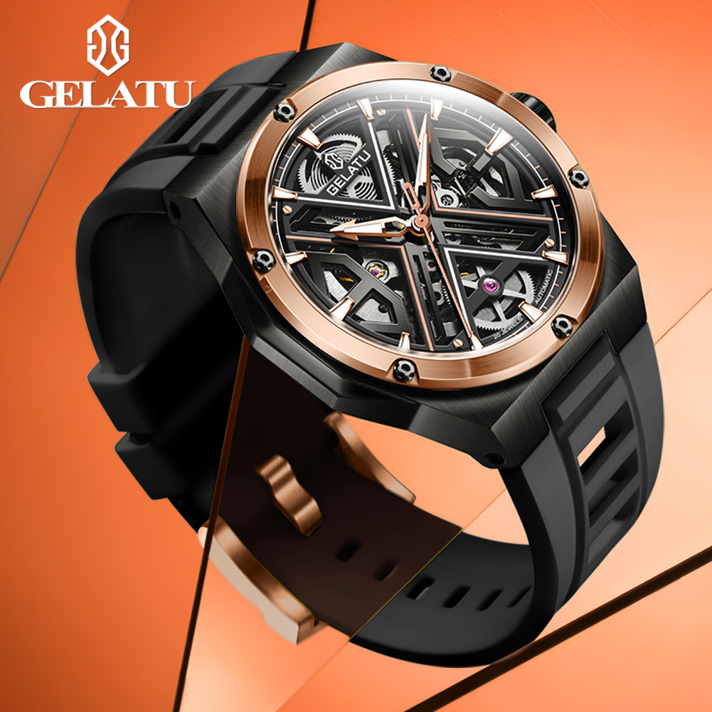 GELATU 6006 High Quality Wrist Hollow Out Watch Waterproof Rubber Strap Watches Automatic Men Mechanical Wrist Watch