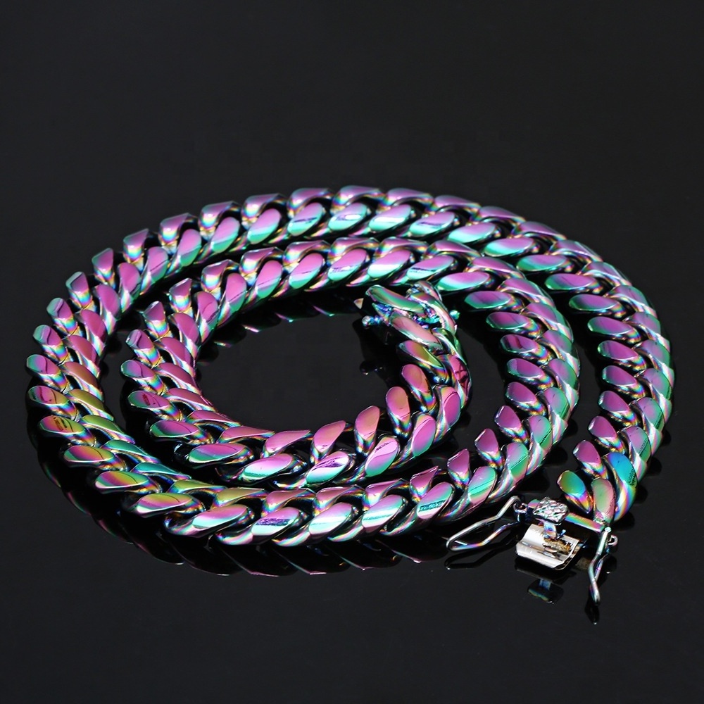 hip hop chain jewelry 12mm 24'' rainbow color plating stainless steel cuban link multicolor