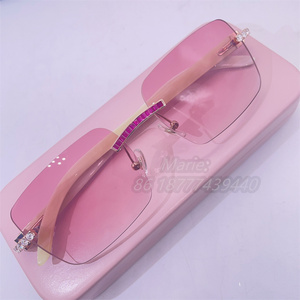 Hot Selling Baguette Pink Corundum Bling Moissanite Diamond 10k Metal Sun Glasses Diamond Men And Women Rimless Metal Sunglasses