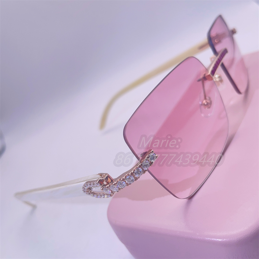 Hot Selling Baguette Pink Corundum Bling Moissanite Diamond 10k Metal Sun Glasses Diamond Men And Women Rimless Metal Sunglasses