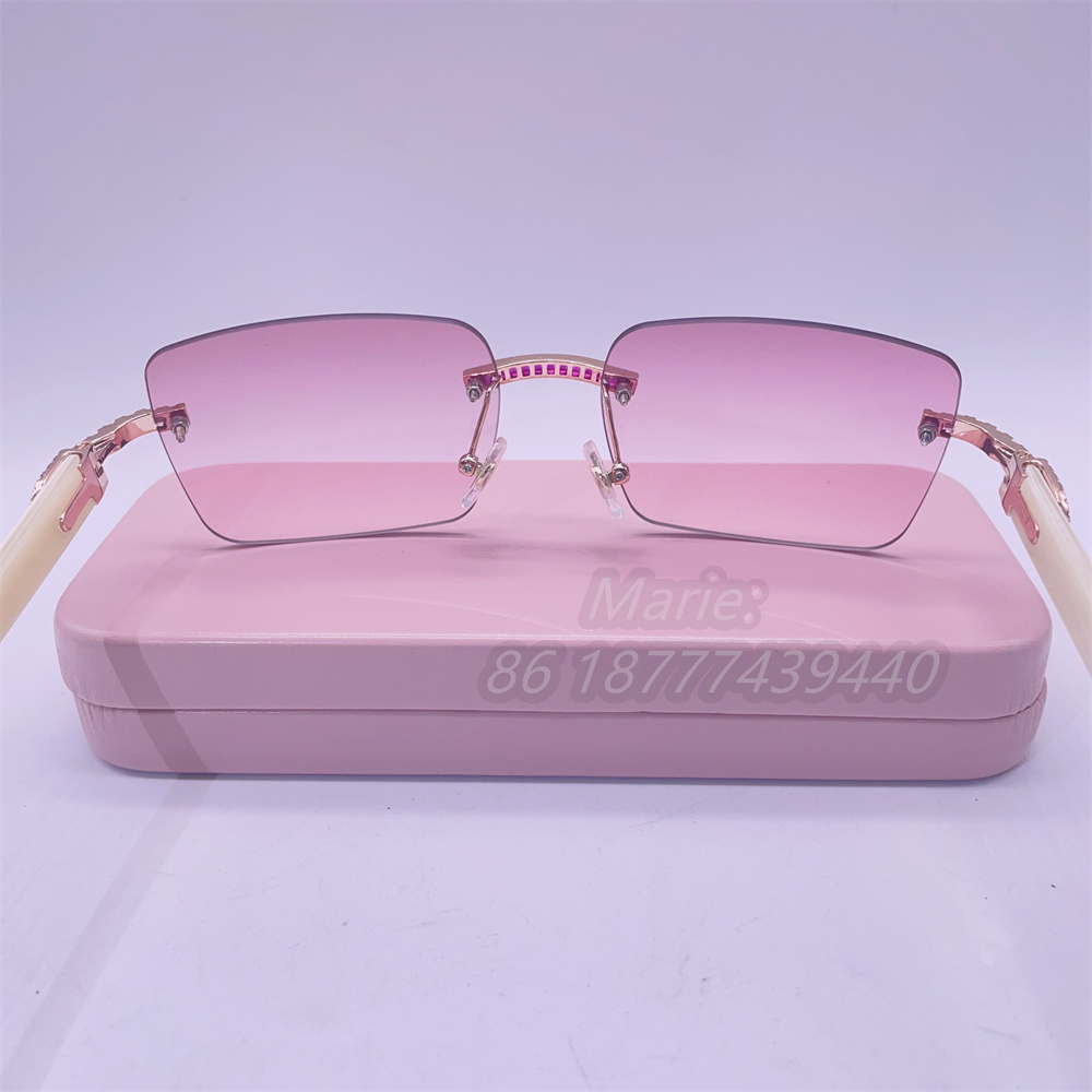 Hot Selling Baguette Pink Corundum Bling Moissanite Diamond 10k Metal Sun Glasses Diamond Men And Women Rimless Metal Sunglasses