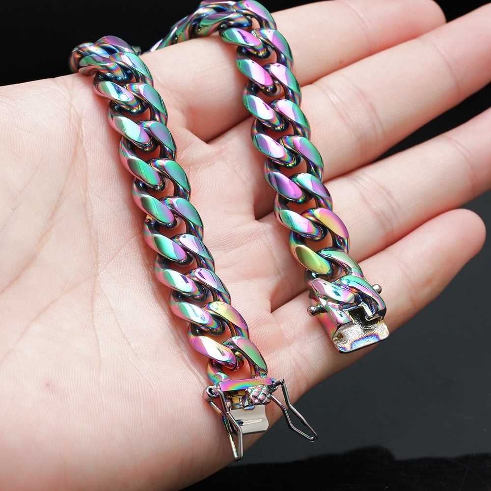 hip hop chain jewelry 12mm 24'' rainbow color plating stainless steel cuban link multicolor