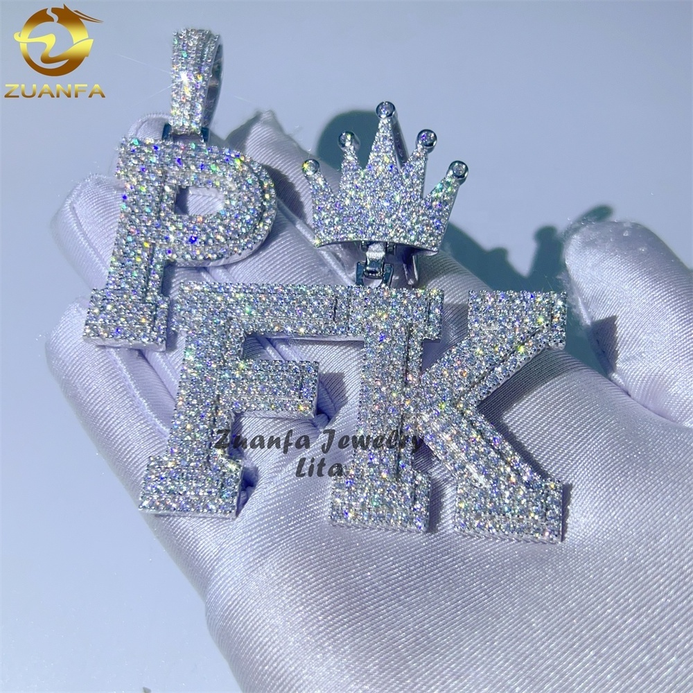 Fine jewelry crown bail 925 sterling silver hip hop custom moissanite diamond initial pendant