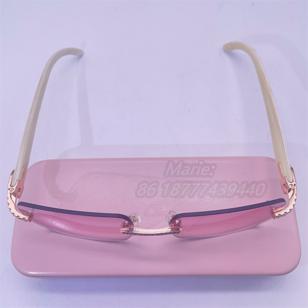 Hot Selling Baguette Pink Corundum Bling Moissanite Diamond 10k Metal Sun Glasses Diamond Men And Women Rimless Metal Sunglasses