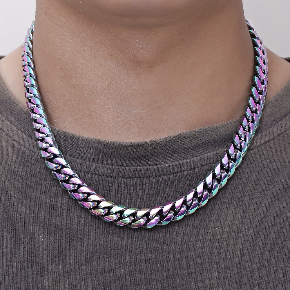 hip hop chain jewelry 12mm 24'' rainbow color plating stainless steel cuban link multicolor