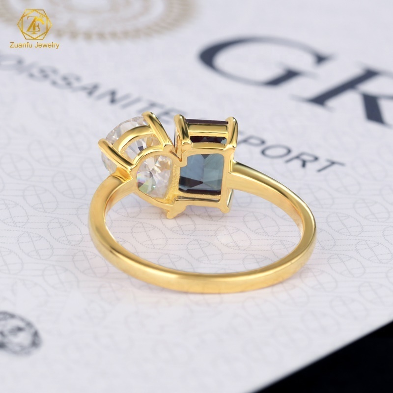 Custom Emerald Cut Lab Create Alexandrite And  Pear Shape Moissanite S925 Silver Engagement Wedding Rings